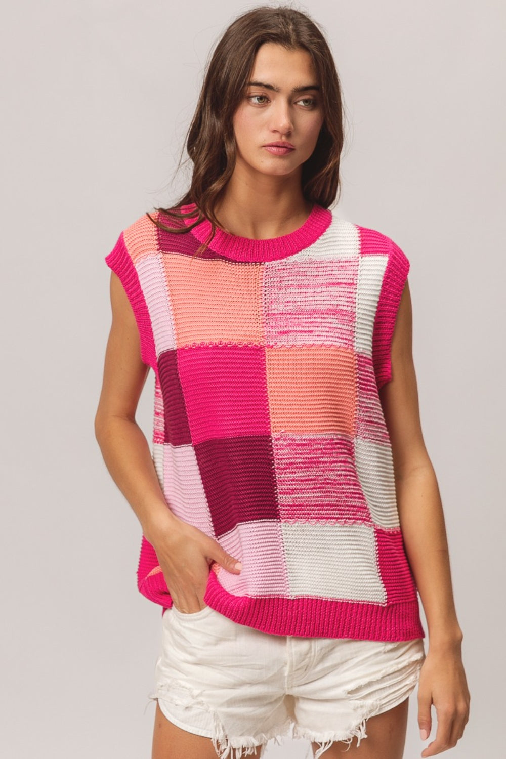 Color Block Round Neck Sweater Vest