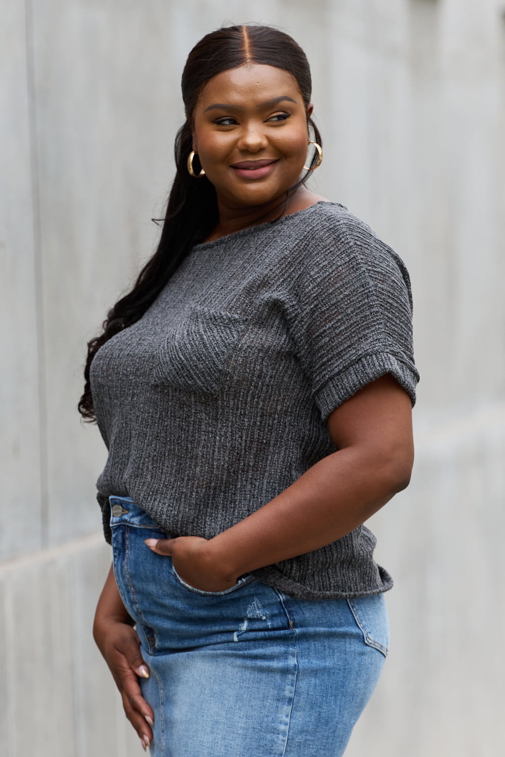 Chunky Knit Short Sleeve Top in Gray