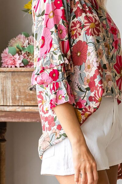 Printed Tie Neck Flounce Sleeve Blouse