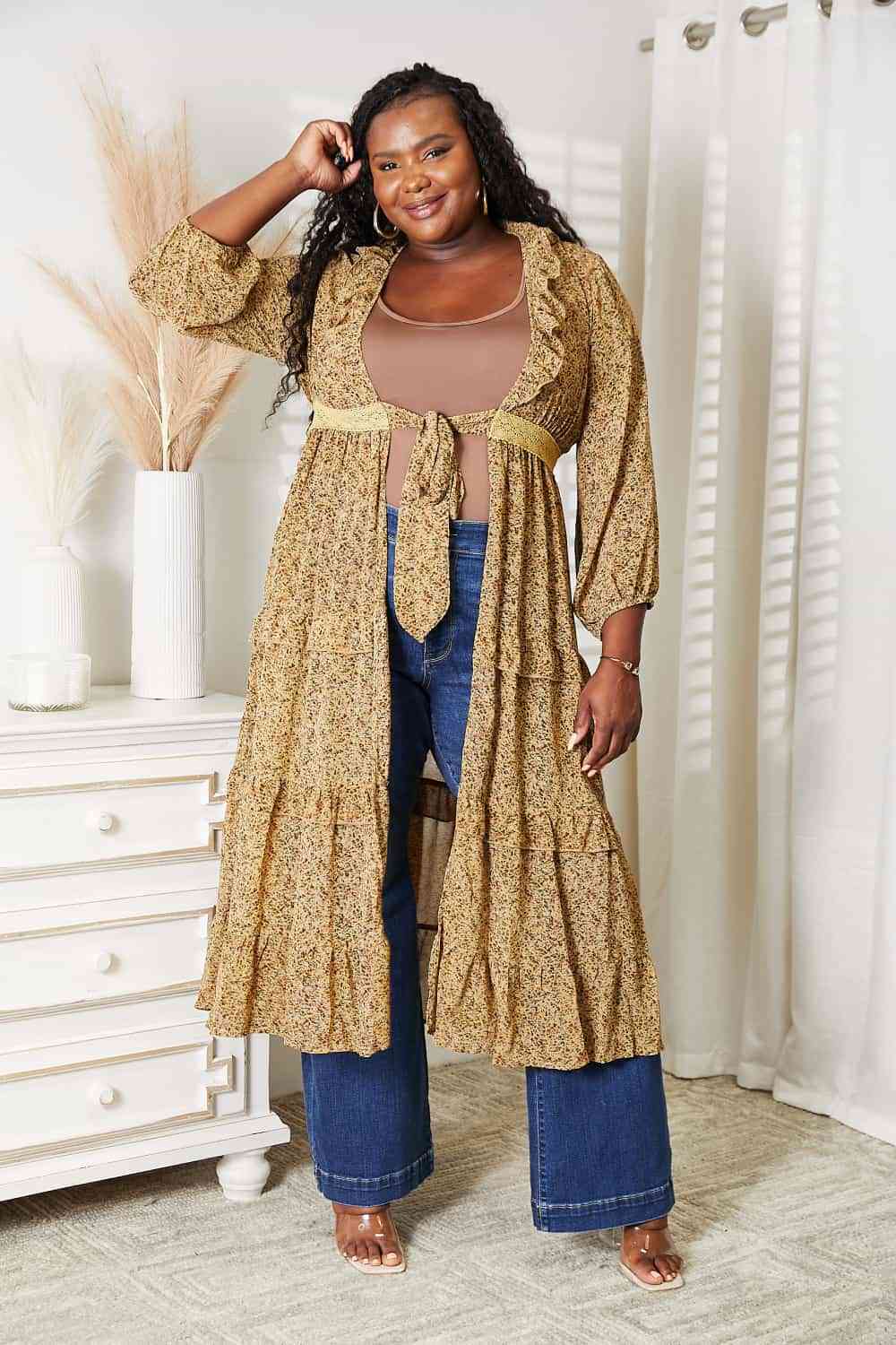 Tie Front Ruffled Duster Cardigan