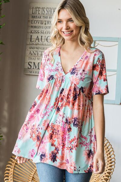 Floral V-Neck Short Sleeve Babydoll Blouse