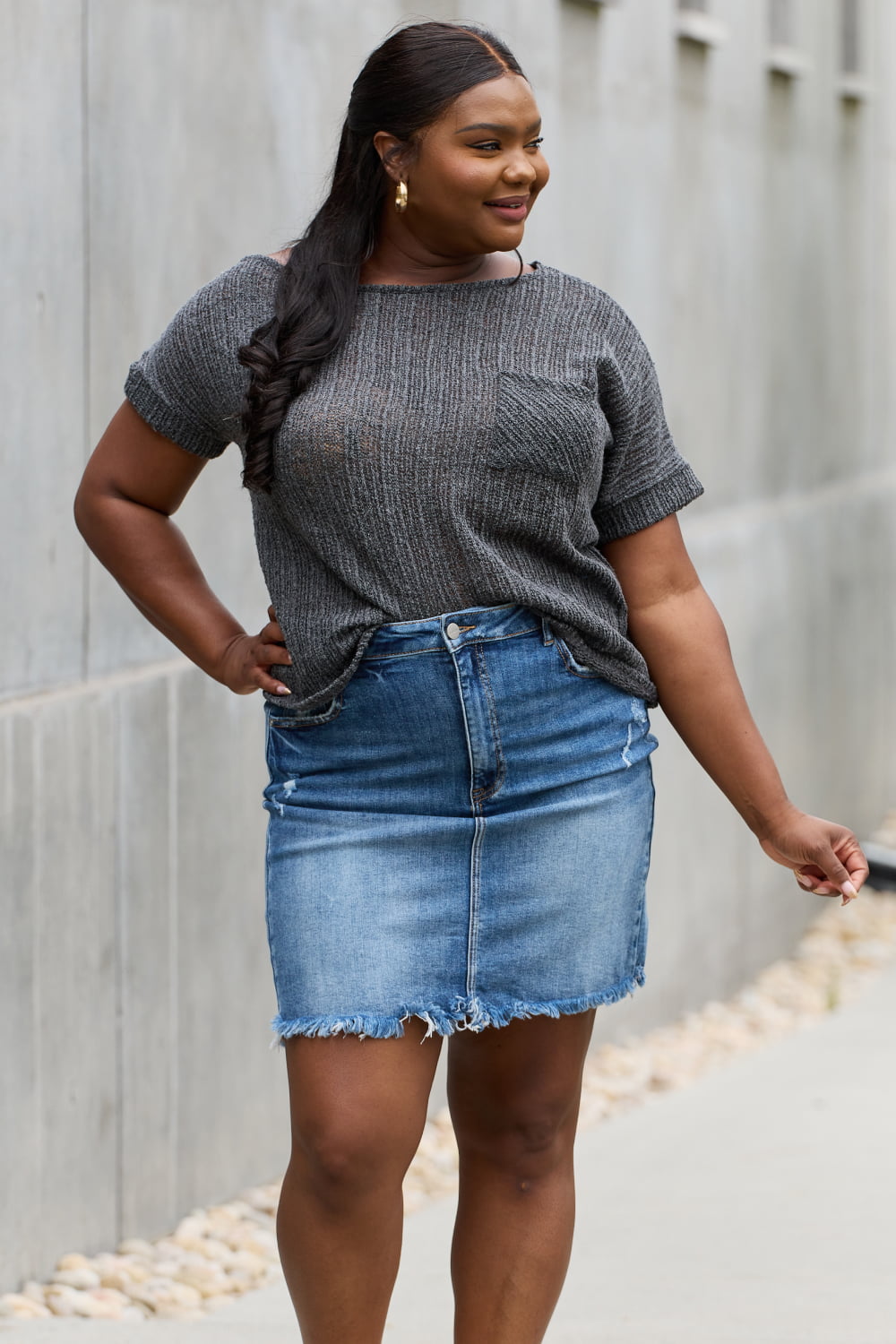 Chunky Knit Short Sleeve Top in Gray