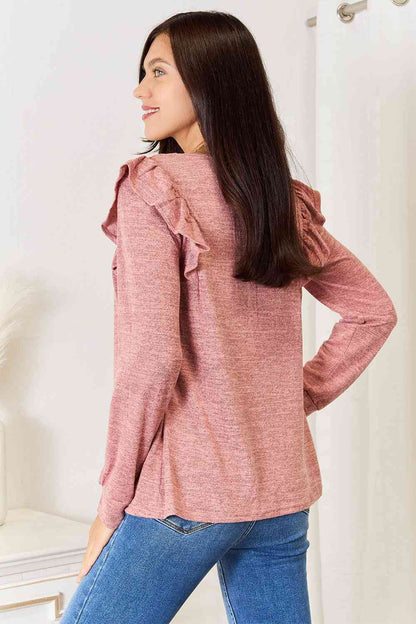 Square Neck Ruffle Shoulder Long Sleeve T-Shirt