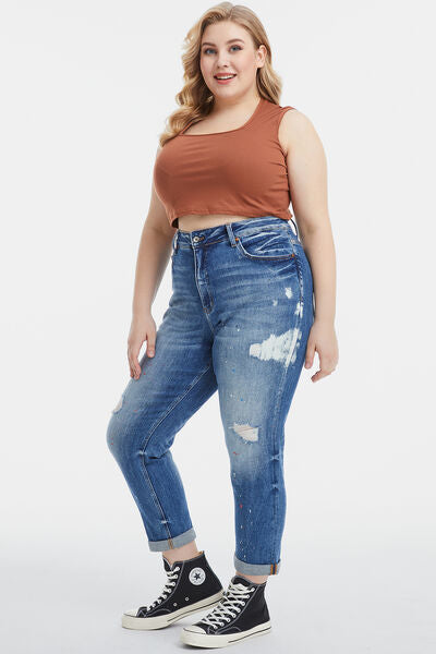 BAYEAS High Waist Distressed Paint Splatter Pattern Mom Jeans