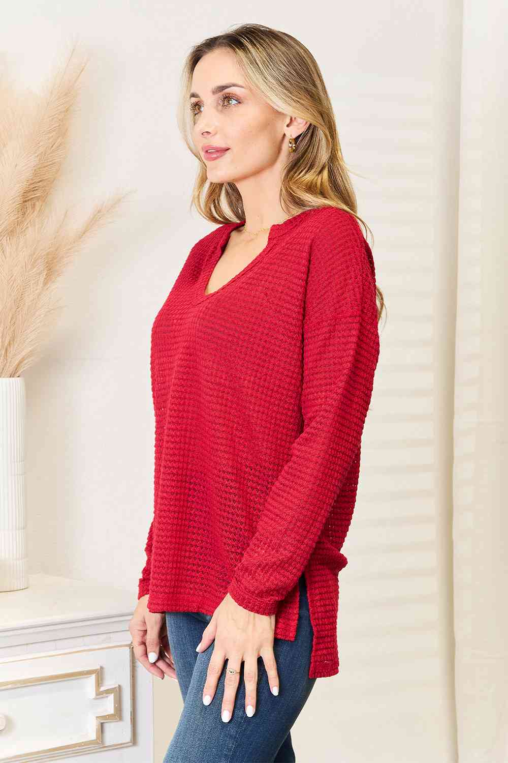 Wide Notch Relax Top Waffle-knit