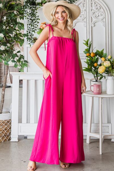 Pocketed Spaghetti Strap Wide Leg Jumpsuit