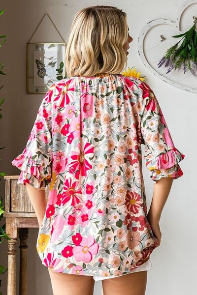 Printed Tie Neck Flounce Sleeve Blouse