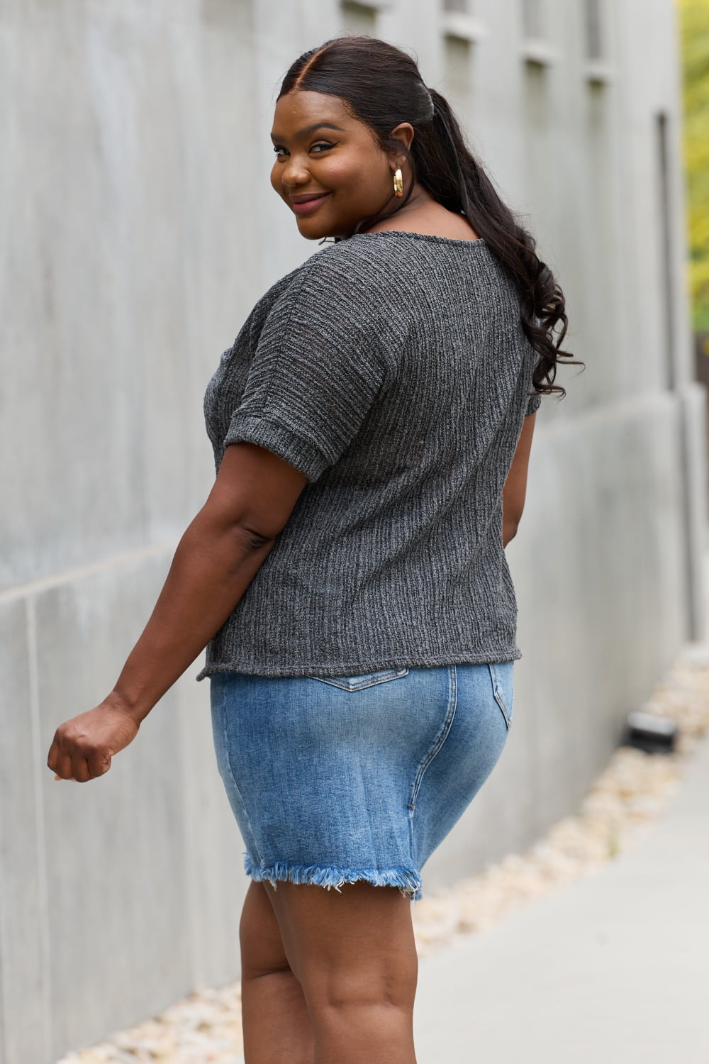 Chunky Knit Short Sleeve Top in Gray